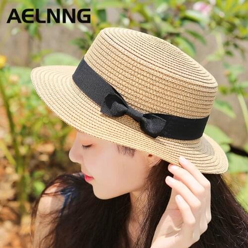 AELNNG Brand Panama Hat Simple Summer Beach Hats Female Casual Womens Flat Brim Bowknot Straw Cap Outdoor Travel Sunhat DP0563