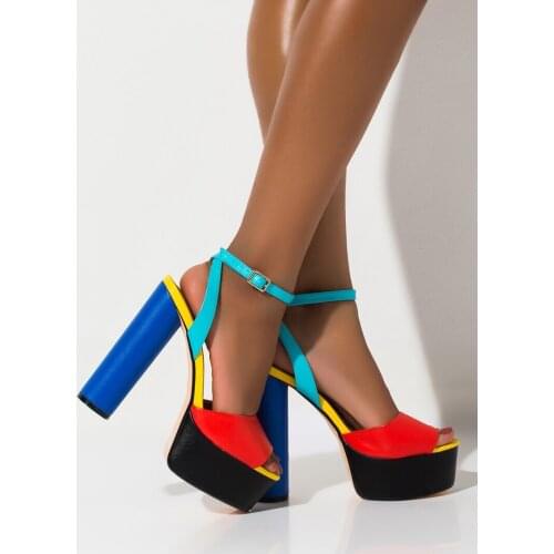 Contrast Mixed Colors High Heel Sandal Sexy Open Toe Ankle Strap Thick Heels Shoes Woman Gladaitor Dress Shoes Sandals