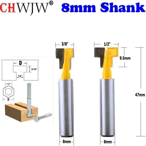 CHWJW 2PC 8mm Shank T-Slot Cutter Router Bit for 1/4" Hex Bolt 9.52,12.7mm Diameter Wood Cutting Tool