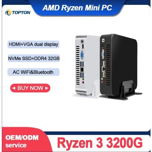 TOPTON Gaming Mini PC AMD Ryzen 3 3200G 4GHz 2*DDR4 M.2 SSD Desktop Computer Windows 10 Pro Linux HTPC Radeon Graphics AC WiFi