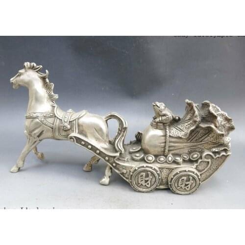 12" China silver good luck Feng Shui make a fortune Horse money sculpture Statue
