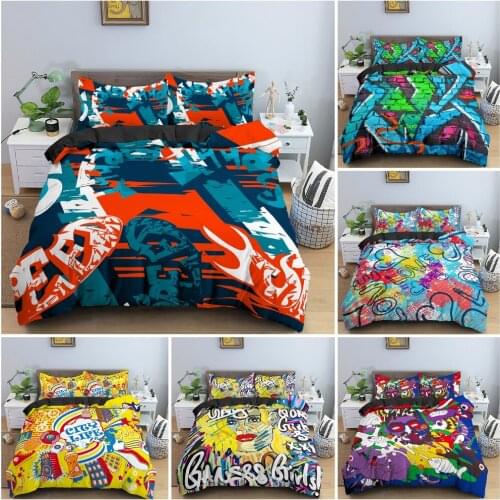 3D Cartoon Graffiti Bedding Set Soft Luxury Duvet / Quilt Cover Set Bedroom Decor King Queen Twin Single Size Bedclothes 2/3PCS