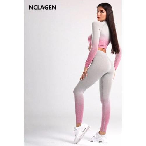 NCLAGEN Seamless Suit Women Gradual Change Fitness Yoga Set Ombre Long Sleeve Elastic Sport Top Pants Gym Slim Workout Sportwear