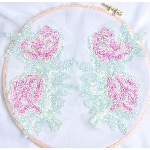 Lace embroidery patches Handmade 3D beaded rose flowers sequins Eugen yarn Applique for DIY Wedding dress