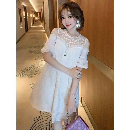 Small jacquard lace stitching off-the-shoulder A - Line skirt new summer dresses