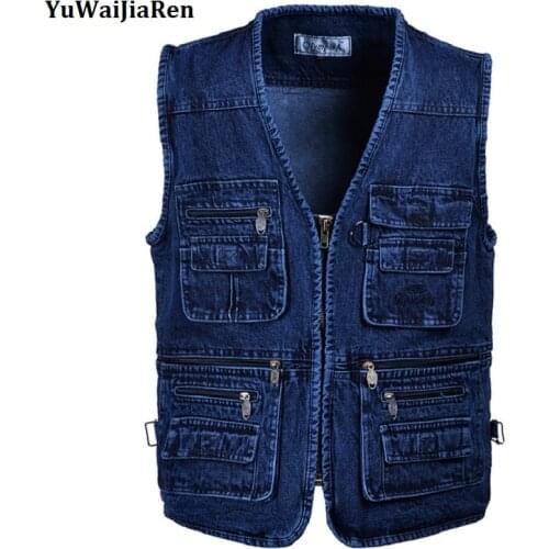 YuWaiJiaRen Oversize 5XL Denim Vests Men Cotton Multi Pocket Jean Jacket Gilet Male Brand Military Waistcoat masculina jaquetas