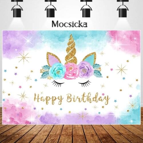 Unicorn Birthday Backdrop Gold Glitter Happy Birthday Photo Background Colorful Clouds Unicorn Theme Party Decoration Banner