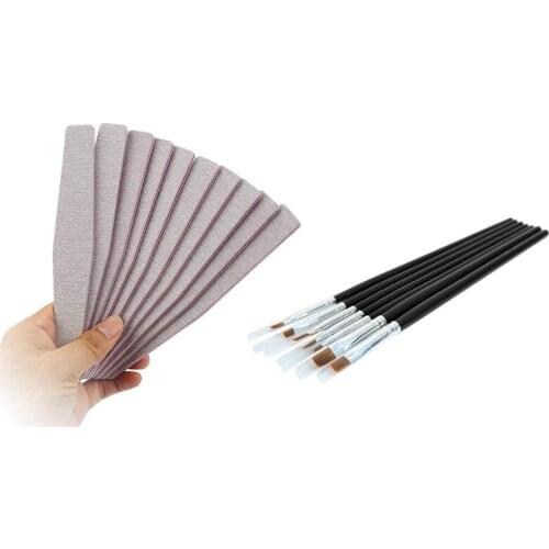 7Pcs Acrylic UV Gel Nail Brush Set Gel Brush Brush Nail Art Design Pen Black & 10 Pcs Nail Art Sanding Buffer Buffing Manicure A