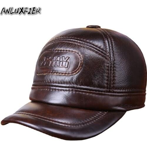 B-7250 New Mens Leather Hat Adult Baseball Cap Natural Skin Baseball Cap Adult Outdoor Ear Protection Peaked Cap Ear Protective