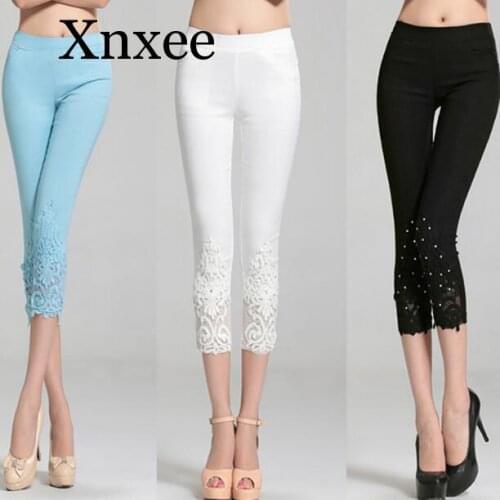Sky blue slim Plus Size 4XL Women Summer Lace Pants Crochet Rhinestone Skinny Stretch Cropped Leggings Trousers Capris Pants