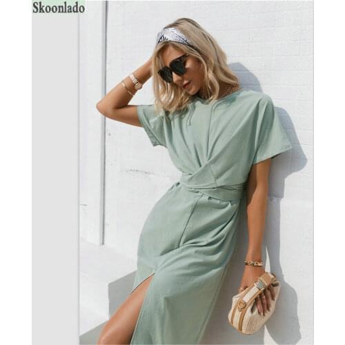 Newest linen cotton linen women dress round neck short sleeves with belt slits pure cotton solid color sexy series mid-skirt