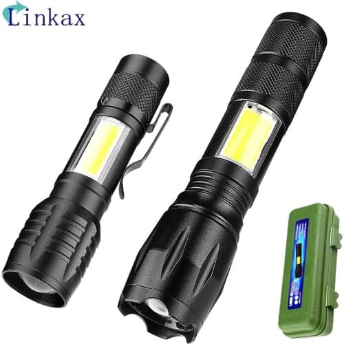 Portable COB LED Flashlight USB Rechargeable T6 Working lamp ZOOM Torch For Camping Outdoor With Storage Case