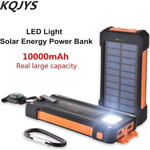 Power Bank Waterproof 10000mAh Solar Charger USB Ports External Charger for iPhone Samsung Huawei Smartphone With LED Light