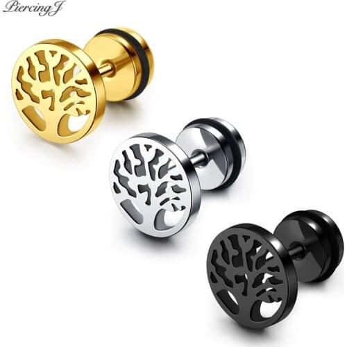 PiercingJ Stainless Steel Tree of Life Stud Earring Fake 9MM Ear Gauge Earrings Ear Plugs Piercings Hypoallergenic Screw