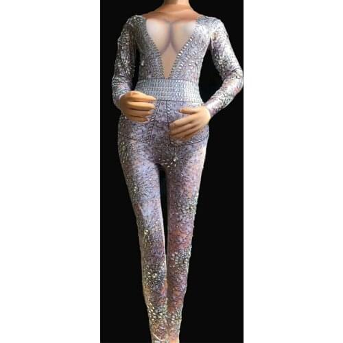 Modern Sexy Fashion Diamond Print Jumpsuit Leggings Stretch Sexy Costume Dance Platform Women Performance Costumes DJ302