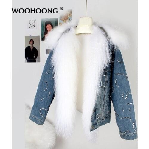 Natural Mongolia Sheep Fur Jacket Womens Leather Grass Jacket Rex Rabbit Liner Rhinestone Decoration Stitching Denim Coat