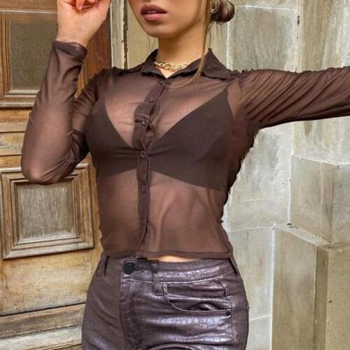 Women T Shirt 2021 Duena Mesh Crop Top Button Up Sexy Slim Club Outfits 2021 Spring Summer Ladies See Through Long Sleeve Brown