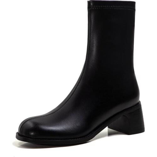 Women Boots Comfortable Real Leather Fabric 5CM Thick High-heeled Fashion Korean Round Toe Women Shoes