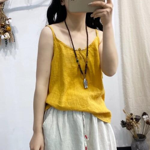 Women Summer Linen Patchwork Camis Tanktops Ladies Cotton Linen Camis Female Vintage Tops