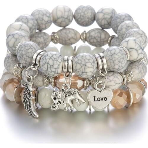 Boho Heart Elephant Pendant Bracelets & Bangles for Women Natural Stone Beaded Bracelet Set With Colorful Gem Long Wrap Bracelet