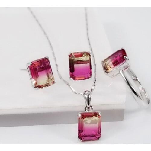 Stud Earrings Necklaces Rings Jewelry for Woman Colorful Silver Jewelry Sets 925 Sterling Silver Rectangle Gradient