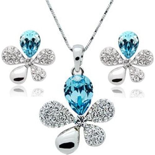 Fine Jewelry Womens Wedding Set Five Leaf Flower Sea Blue Heart 925 Sterling Silver Necklace Earrings S0154