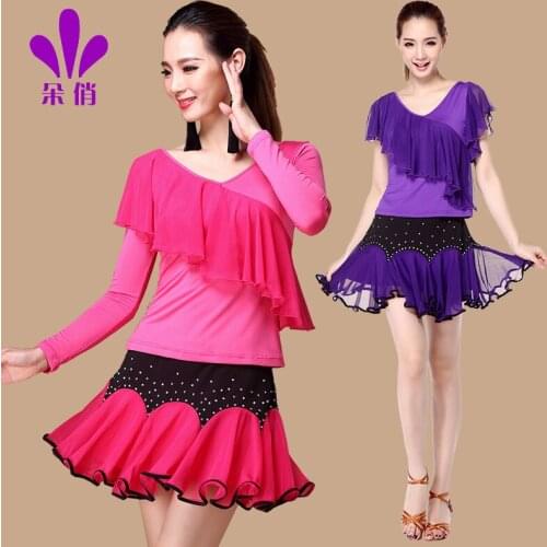 Lady Rumba Dance Suit 2 Pcs Women Samba Clothes Girls Square Dancing Wear Short Sleeved Shirt Skirt Latin Dancing Costume B-4378