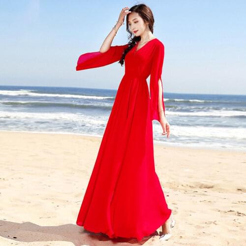 Woman Dress Summer New Summer Big Red Dress Big Swing Chiffon Dress Beach Dress Vestido De Mujer