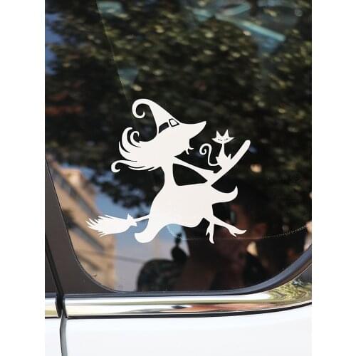 ZTTZDY 15.7*14CM Flying broom Witch and cat Car Sticker Vinyl Decal Halloween Black/Silver ZJ4-0220