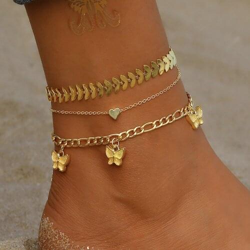 Sindlan 3Pcs Vintage Butterfly Gold Chain Anklets for Women Punk Heart Geometric Bracelet on the Leg Female 2021 Fashion Jewelry