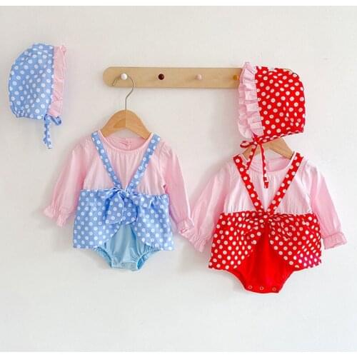 Baby Girl Dot Rompers + Hat Girl Long Sleeves Fake Two Piece Rompers Spring Autumn Baby Girl Newborn Rompers Clothes