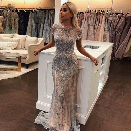 Bbonlinedress 2020 Luxury Rhinestones Mermaid Evening Dress Long Evening Dresses Cap Sleeves Crystal Formal Gown robe de soiree