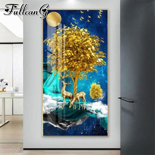 FULLCANG Golden Moon Tree Deer landscape large diamond painting 5d diy full square round drill mosaic embroidery sale FC3340