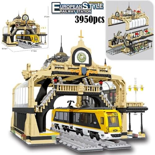 MOC City 3950pcs European Street View Railway Station Building Blocks Assembled Bricks Sets Creator Architecture toys for kids