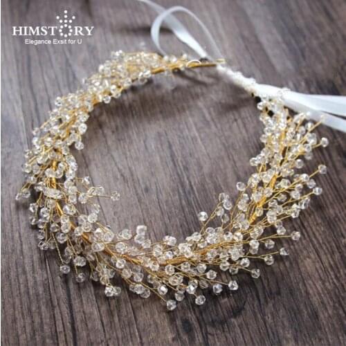 Himstory Wedding Hair Accessories Handmade Beaded Bridal Hairband Gold Crystal Headdress Vine Branch Headpiece Hair Accessories