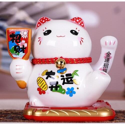 Solar Powered Ceramic Lucky Cat Maneki Neko Shaking Arm Beckoning Fortune Cat Home Car Decoration Gift Wealth Waving Arm Cat