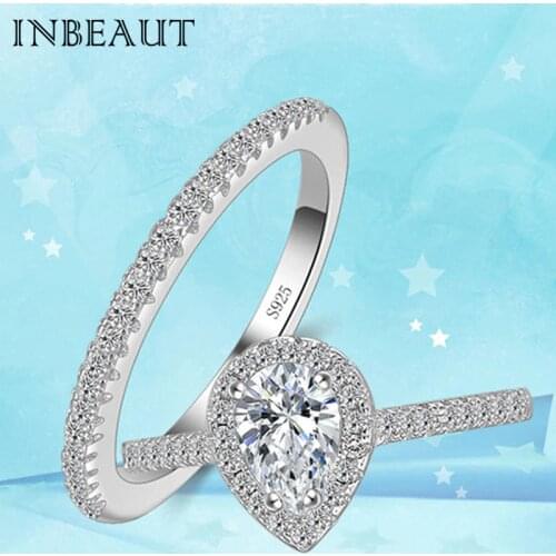 INBEAUT Princess Cut Shiny Zircon Ring Set Women Trendy Silver Color Water Drop Stone Solitaire Rings New Arrival Weddin Jewelry