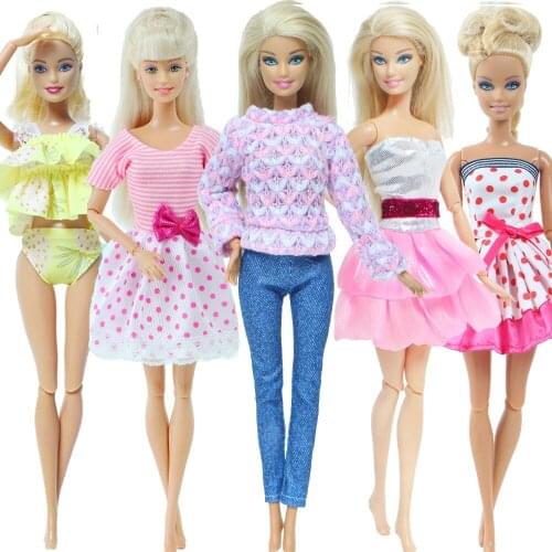 5 Set Mixed Outfit Pink Princess Dress Swimsuit Blouse Shirt Pants Fashion Casual Wear Clothes Accessories for Barbie Doll Toys