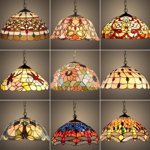 Luminaria suspendida de vidriera barroco de Tiffany E27, lámpara colgante de cadena de hierro LED, lámpara de iluminación para