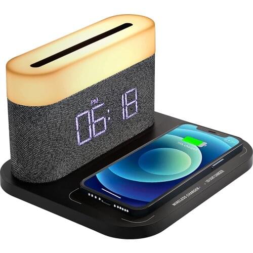 Multifunctional 10W Qi Wireless Charging Alarm Clock LED Night Light for iPhone 11 12 Pro Charge Adjustable Touch Three Colors