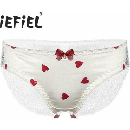 Male Mens Sissy Crossdress Sexy Panties Cosplay Bowknot Diamond Adorned Hearts Print See-through Lace Back Cute Briefs Underwear