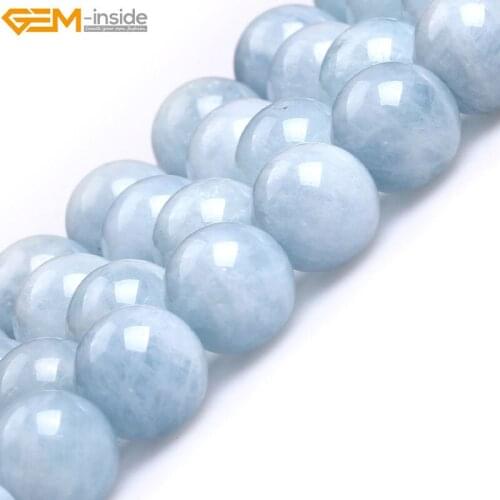 Gem-inside Natural Round Smooth Light Blue A Grade Aquamarine Quartz Beads for Jewelry Making 15'' DIY Jewellery Christmas Gift