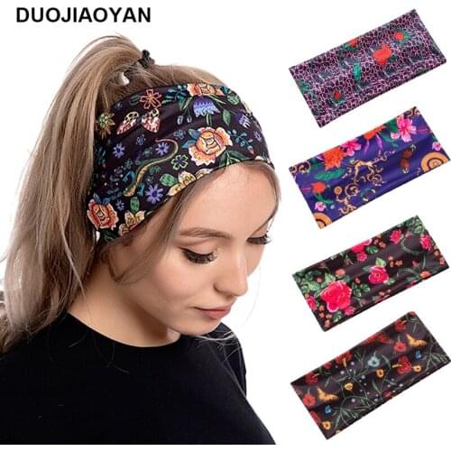 DUOJIAOYAN New Spring Fashion Wide Elastic Headband Women Colorful Stretch Sports Head Wrap Yoga Print Flower Hair Band