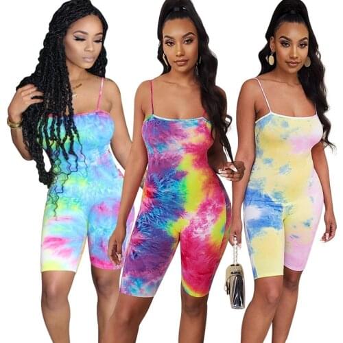 Sexy Tie Dye Skinny Rompers Women Bodycon Bodysuit Strap Sleeveless Fashion Workout Biker Shorts Playsuits Skinny Active Wear