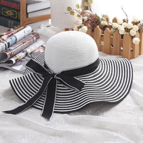 Seioum Sale Fashion Hepburn Wind Black White Striped Bowknot Summer Sun Hat Beautiful Women Straw Beach Hat Large Brimmed Hat