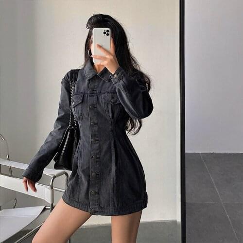 TVVOVVIN Korean Long Sleeve High Waist Multi-pocket Mini Dress Women Lapel Single Breasted Slim Washed Denim Dresses GR7X