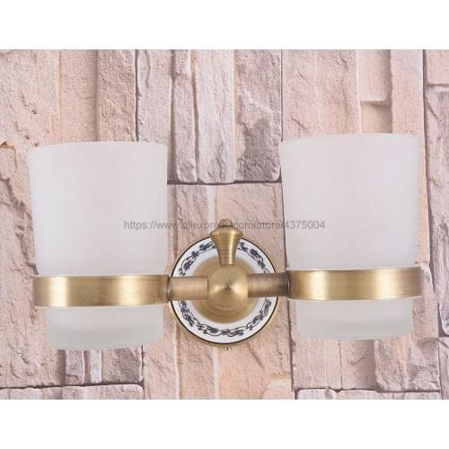 High Quality Bathroom Antique Brass Toothbrush Holder + Two Glass Cups Wall Mounted Bathroom Accessories Nba781