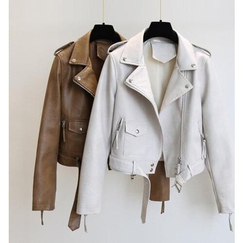 2021 Spring Autumn Women Faux Leather Jacket Ladies Solid With Belt Zipper Biker Coat Female Casual Outwear