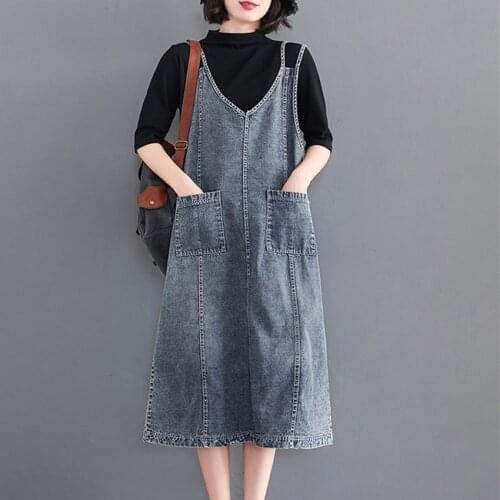 Korean Fashion Denim Sundress Women Sleevless Spaghetti Strap Jeans Dress Summer Casual Loose Midi-calf Dresses Vestidos