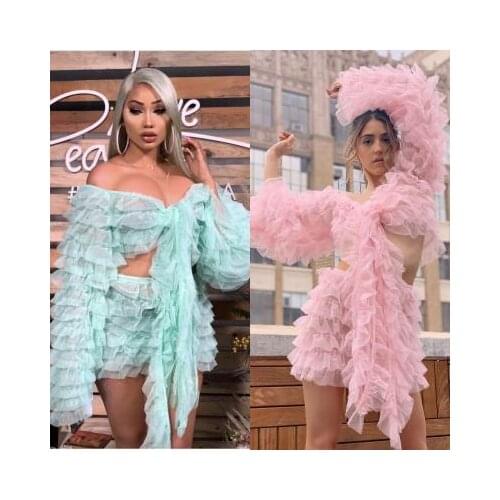 Fashion Two Pieces Tulle Sets Women Tiered Ruffle Off Shoulder Long Sleeve Top And Pleated Mini Tulle Pant Skirts Maxi Wear